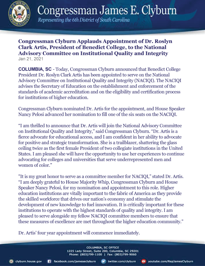 National Advisory Committee on Institutional Quality and Integrity Clyburn Press Release