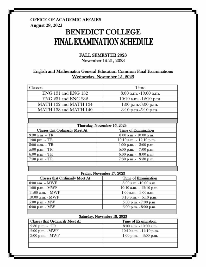 Final Examination Schedule Fall 2023 Page 1